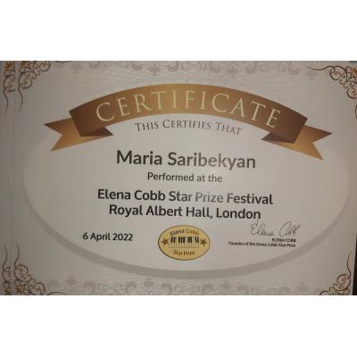 Сертификат, выданный Марии Сарибекян
