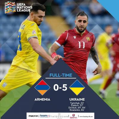 Сборная Армении в матче пятого тура розыгрыша Лиги наций УЕФА 2022/23 (группа 1, лига В) на стадионе 'Республиканский' в Ереване с разгромным счетом 0:5 проиграла сборной Украины