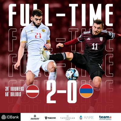 В матче отборочного цикла ЕВРО-2024 сборная Армении в гостях уступила команде Латвии со счетом 0:2